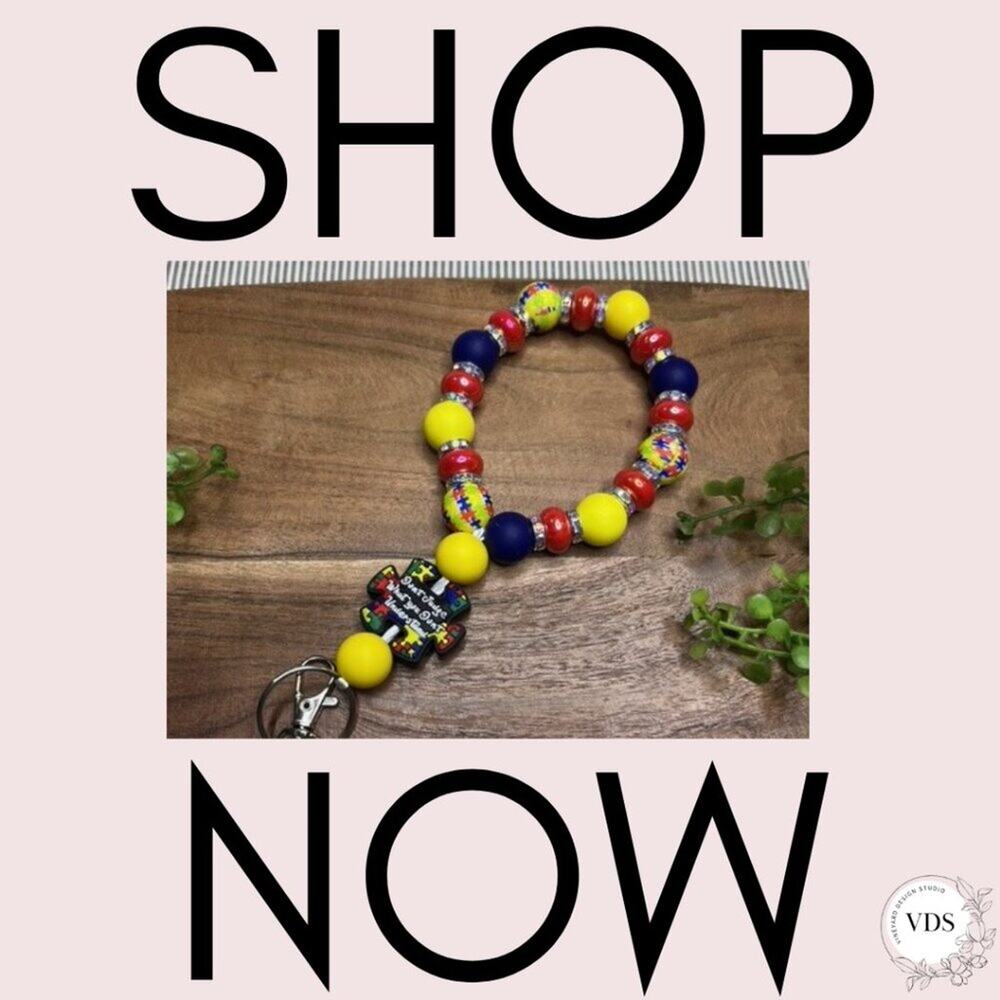 Autism Awareness Beaded Wristlet Keychain: Puzzle Piece Charm, Sensory-Friendly - Picture 3 of 4